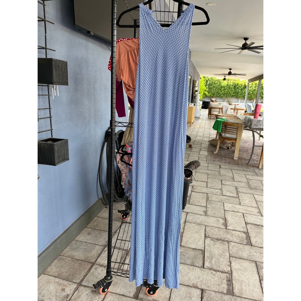 Fairy Blue White Floral Geometric Halter Maxi Dress Sleeveless Racerback M - Picture 8 of 8